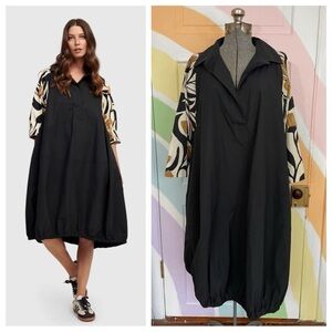 Alembika Black Cocoon Dress Size 12 Cotton Floral Sleeves Made in Israel